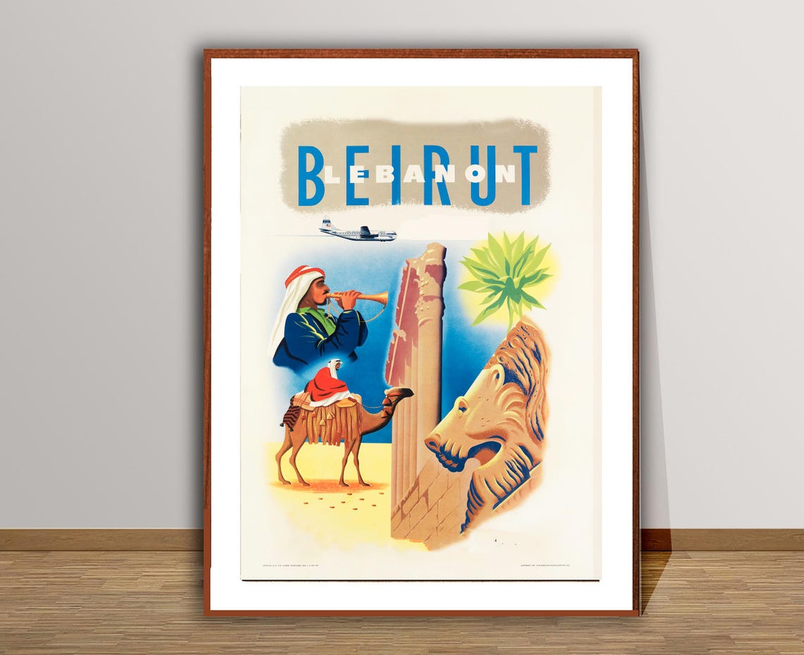Beirut Lebanon Camel Ancient Ruins Desert Air Vintage Travel Poster - Image 3