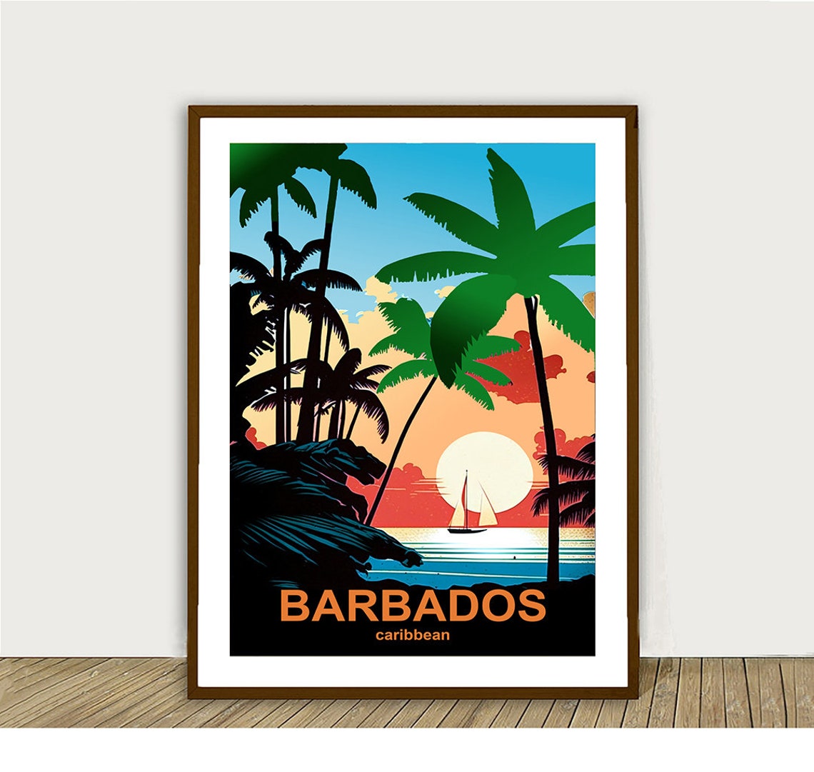Barbados Caribbean Palm Silhouette Sunset Sail Vintage Island Poster - Image 2