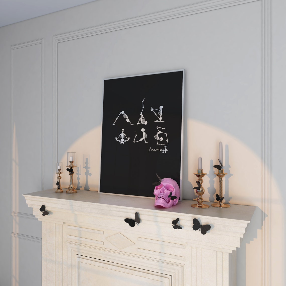 Skeleton Yoga Poses Namaste Funny Black White Halloween Print - Image 5