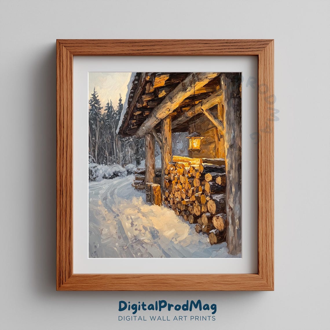 Winter Firewood Stacked Logs Cozy Cabin Glowing Lantern Scene Print