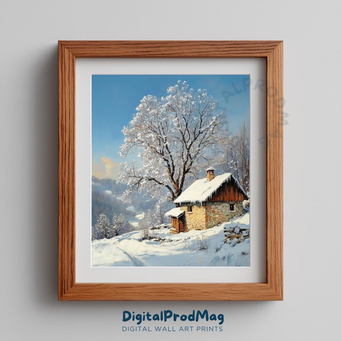 Snowy Winter Stone Farmhouse Blue Sky Countryside Scene Print