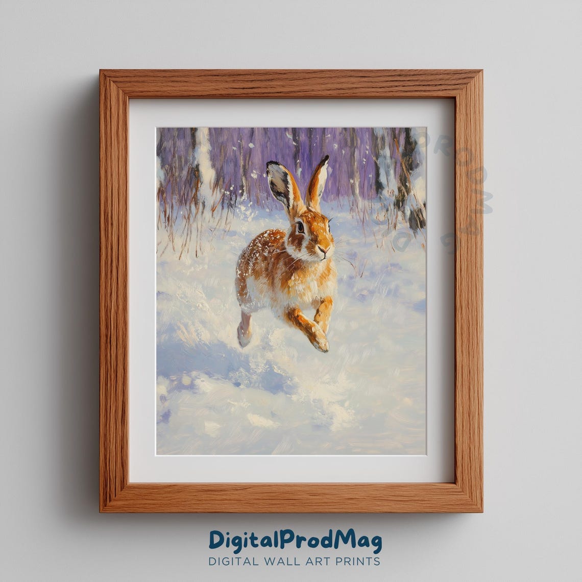 Winter Hare Leaping Through Snowy Forest Wildlife Painting Poster