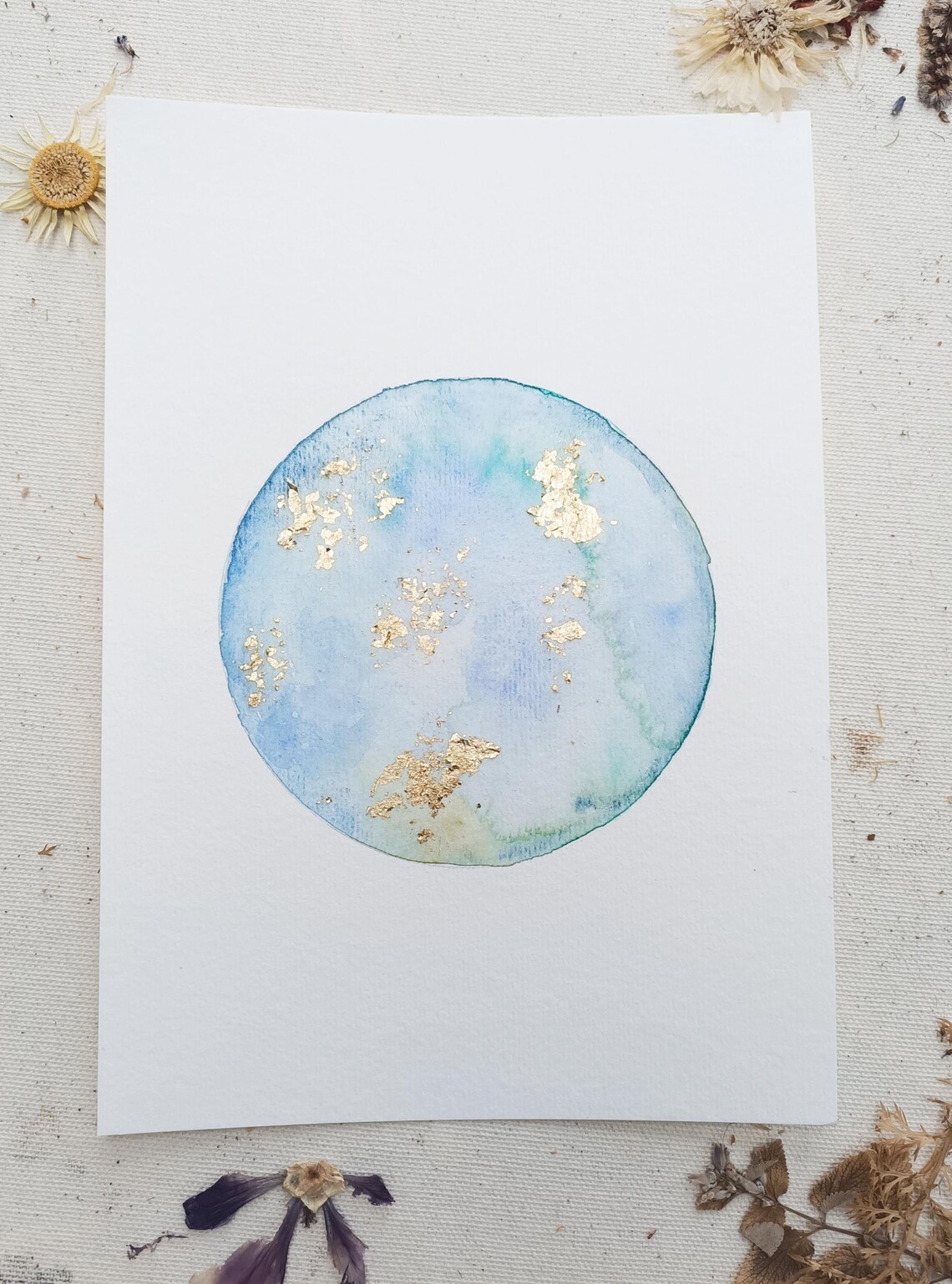 Blue Watercolor Circle Gold Leaf Abstract Minimalist Card Poster