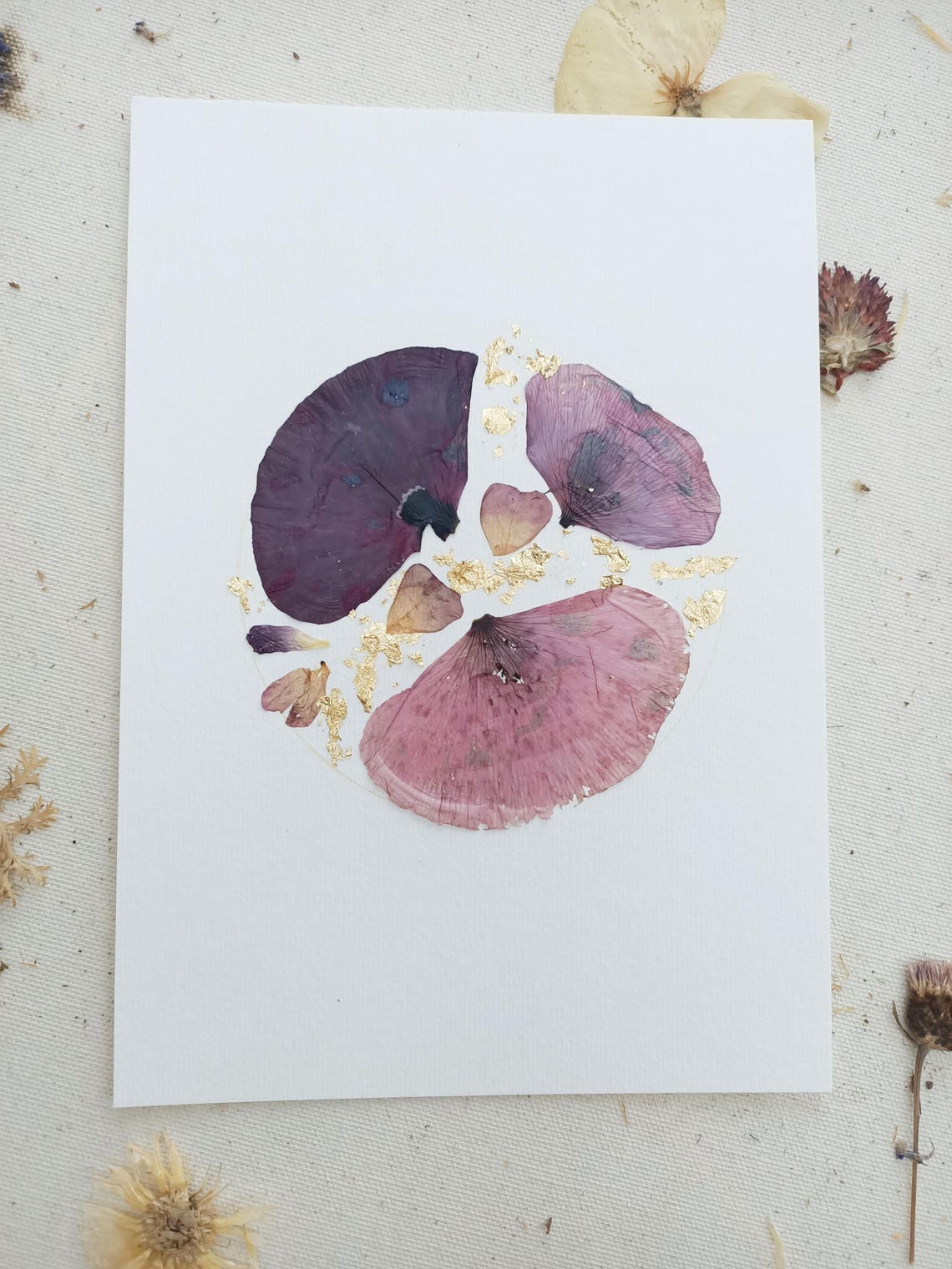 Pressed Purple Petals Gold Flake Dried Flower Keepsake Poster