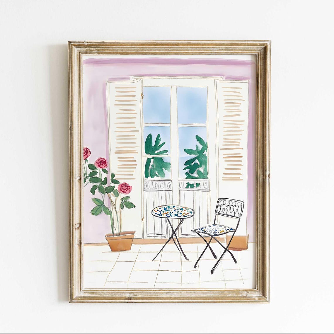 Mediterranean Balcony Watercolor Vine Covered Terrace Sea View Poster