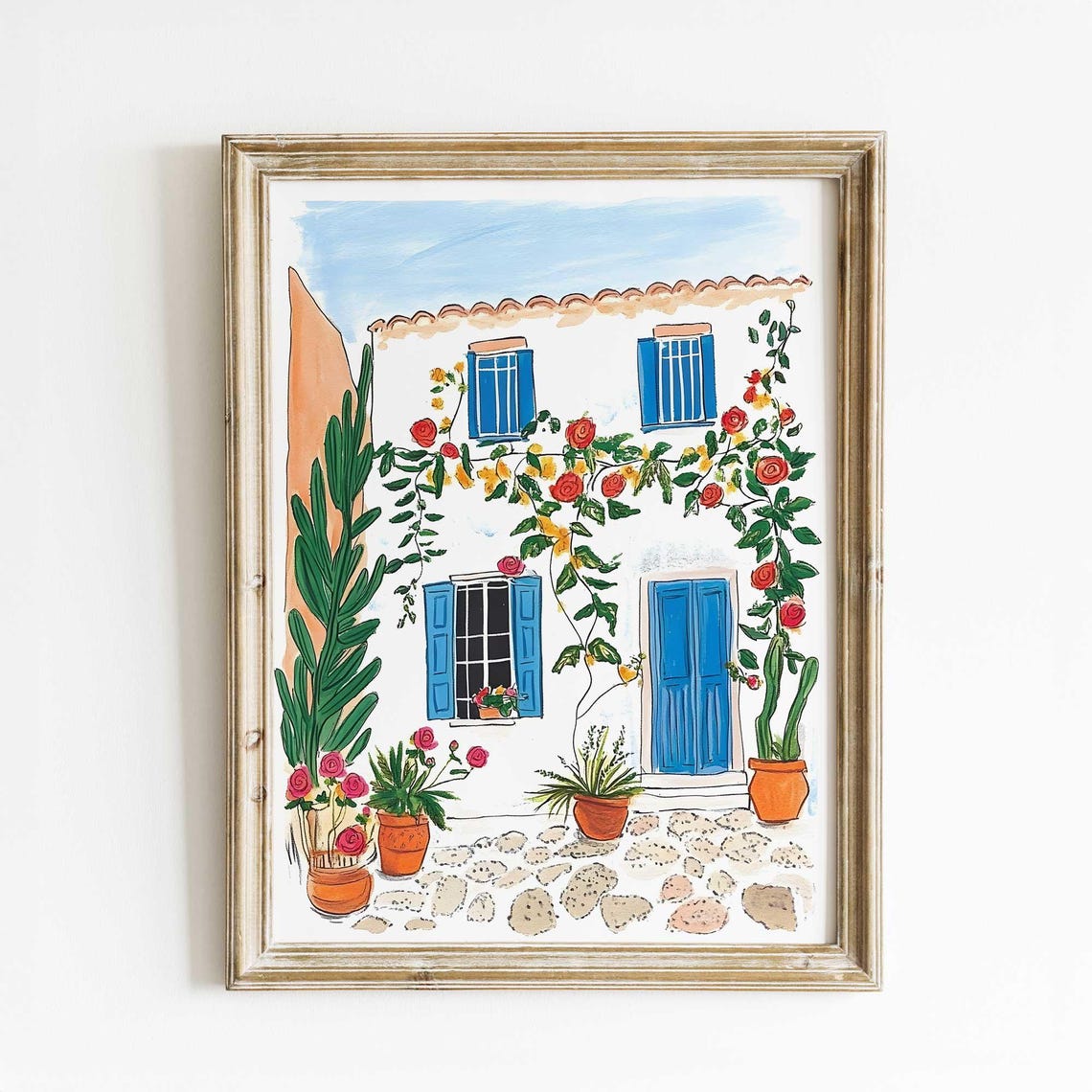 Mediterranean Blue Door Rose Vine Courtyard Watercolor Poster