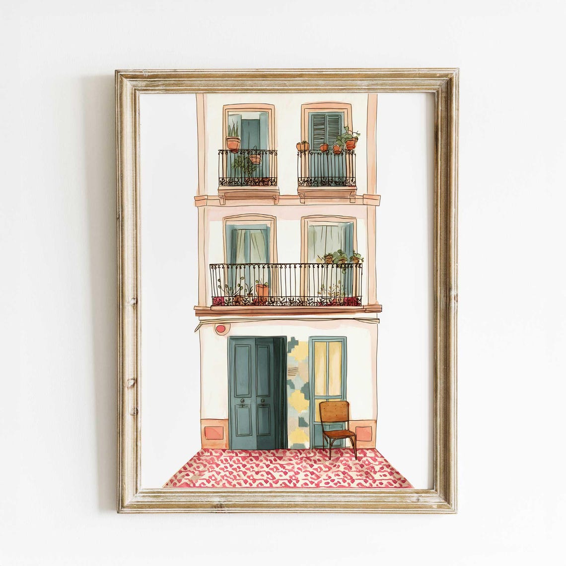 European Balcony Facade Watercolor with Wrought Iron and Plants Poster