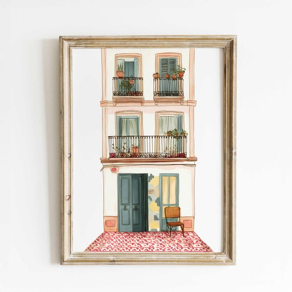 European Balcony Scene Unique Handmade Art Architectural Watercolor Print City Decor Mediterranean Wall