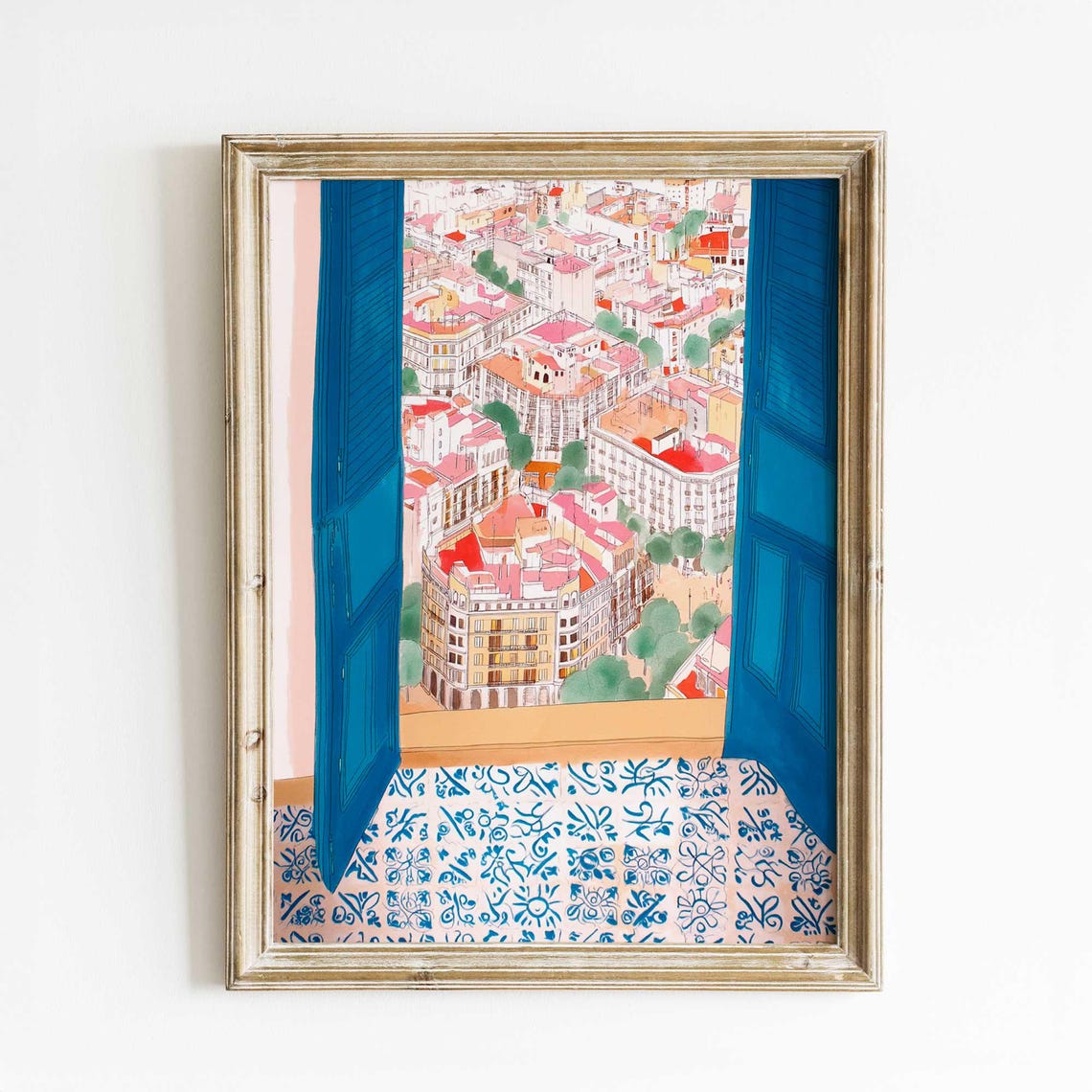 Mediterranean Cityscape Watercolor Poster Seen Through Blue Shutters