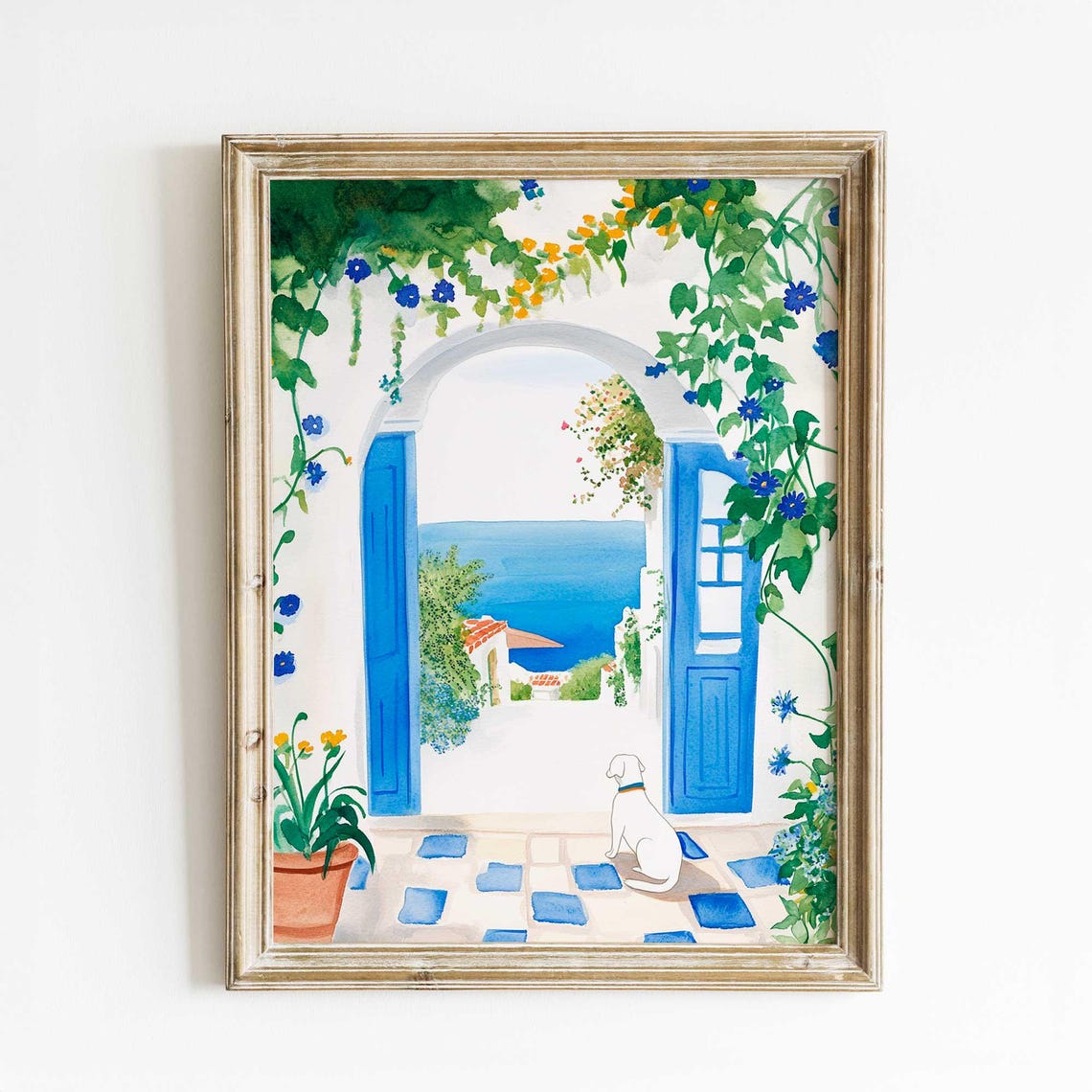 Greek Island Blue Door Archway Dog Sea View Watercolor Poster