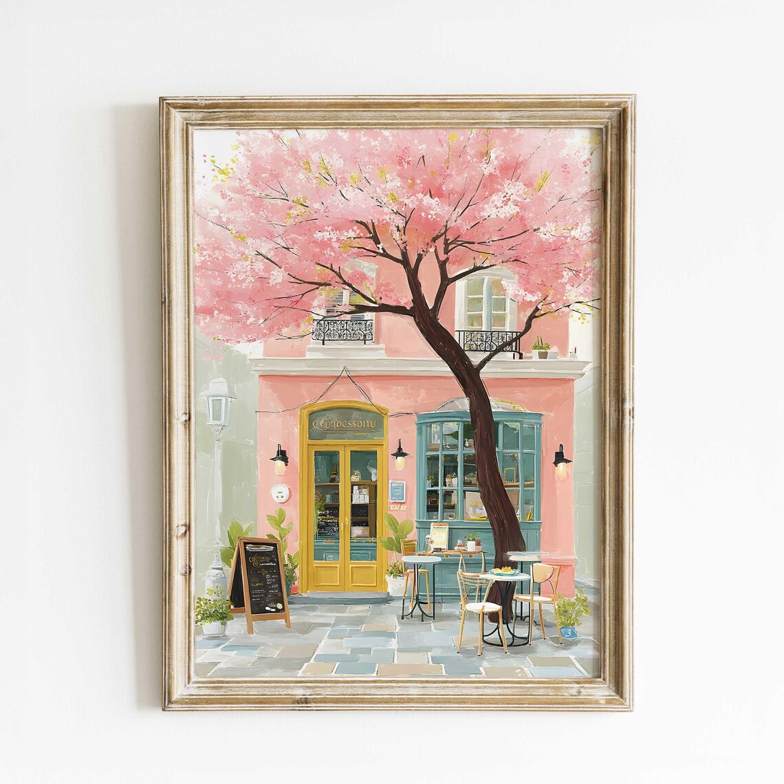 Cherry Blossom Pink Cafe Watercolor Romantic Parisian Street Poster