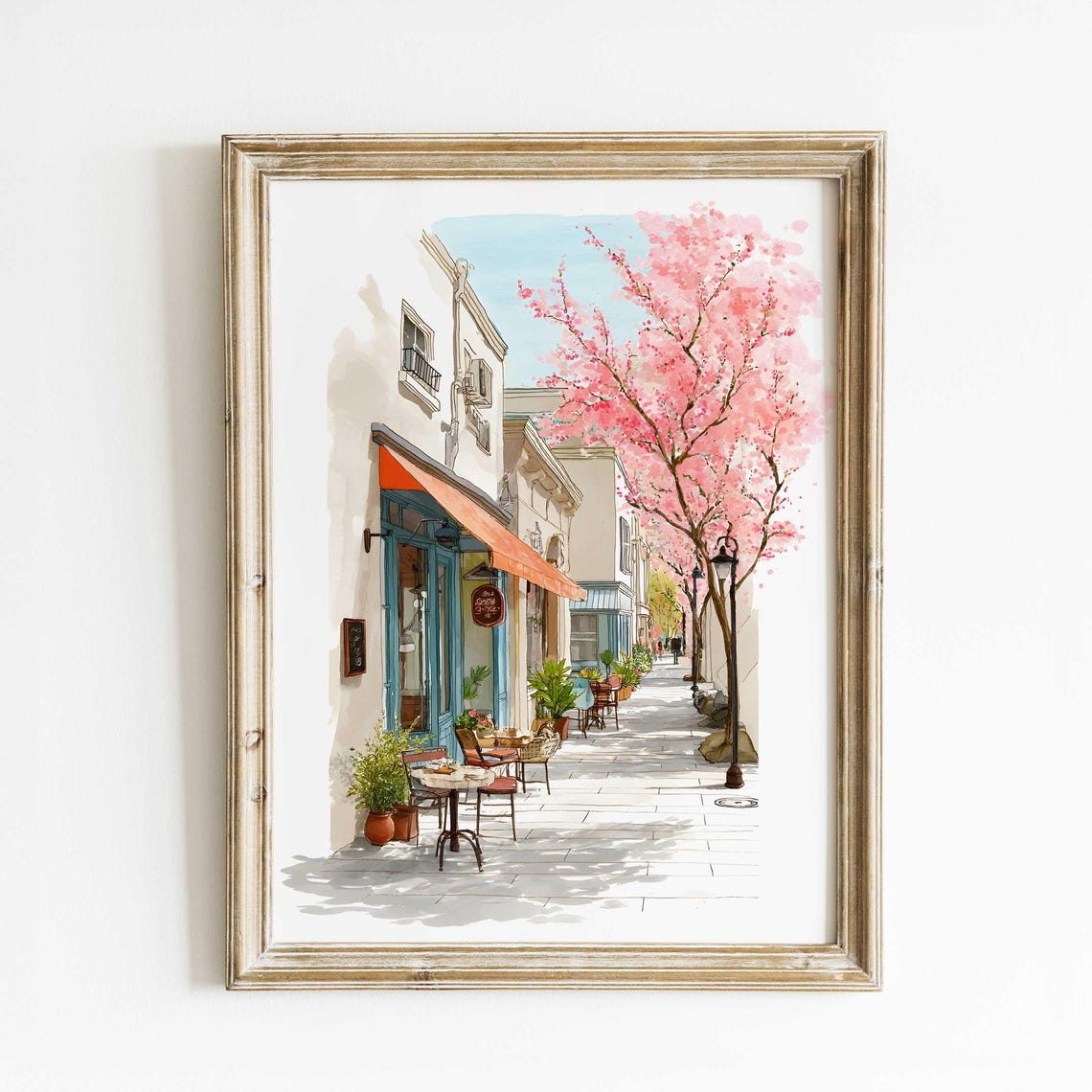 Spring Cherry Blossom Cafe Street Watercolor Illustration Poster