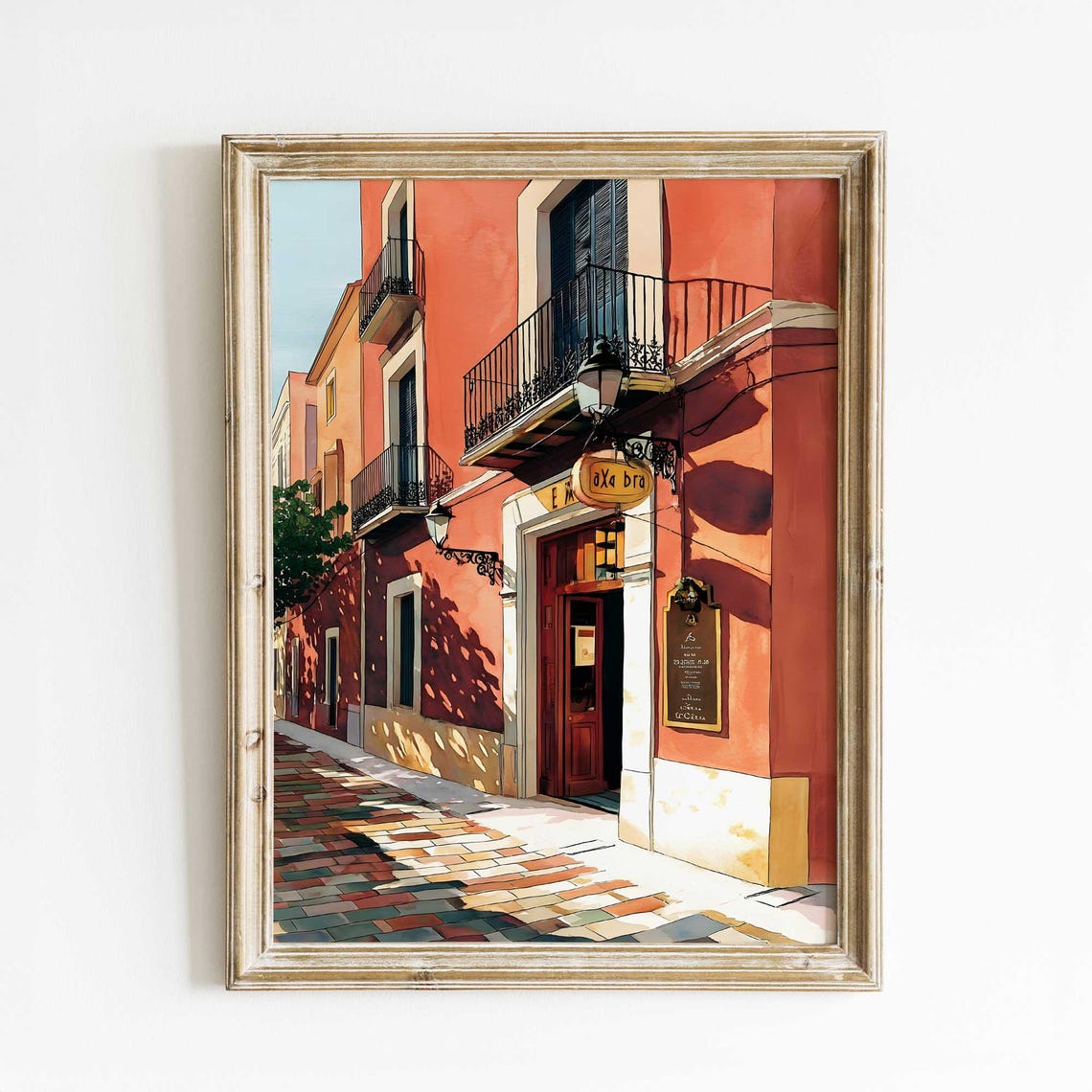 Spanish Red Street Scene Iron Balconies Cafe Watercolor Poster