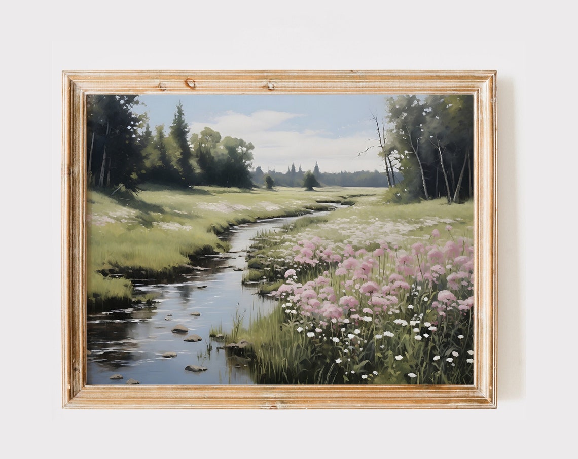 Countryside Stream Through Pink Wildflower Meadow Vintage Print