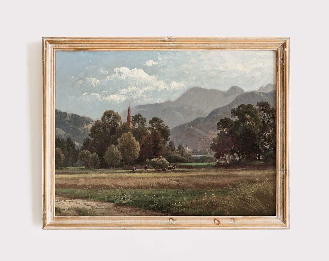 European Village Church Spire Mountains Meadow Cows Vintage Poster