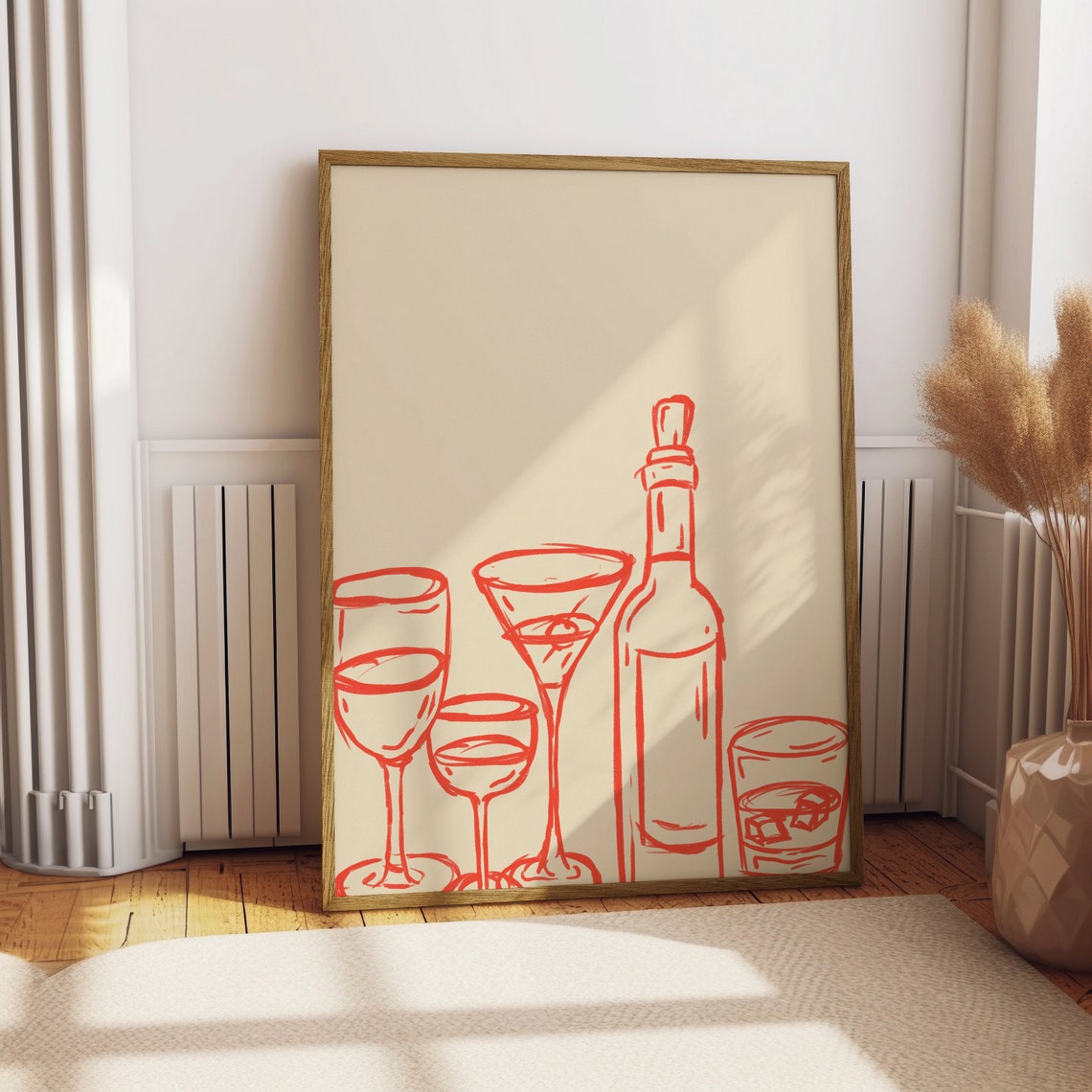 Red Line Art Cocktail Glasses Bottle Modern Bar Decor Poster