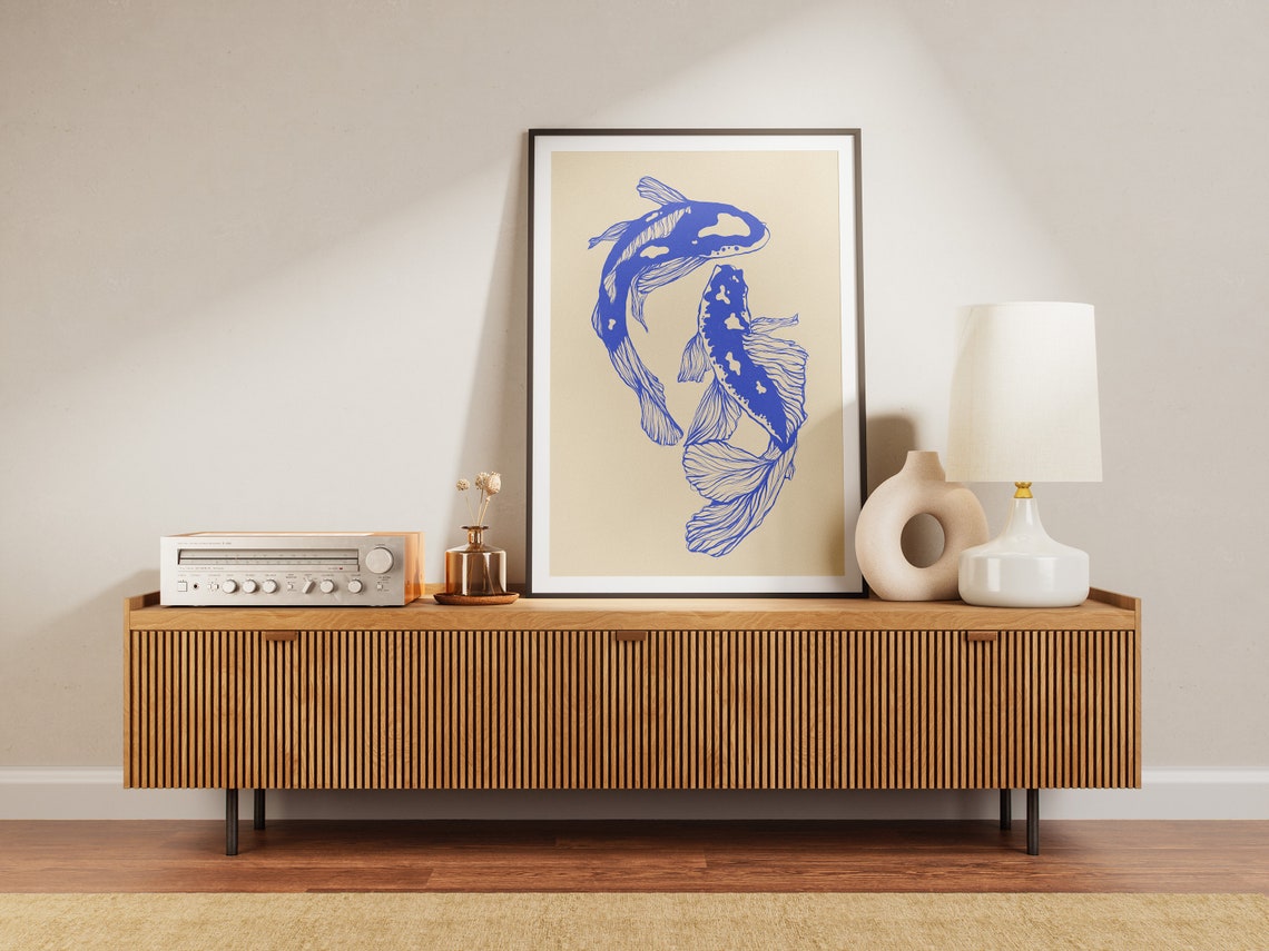 Blue Koi Fish Pair Swimming Cream Japanese Style Minimal Art Poster - Image 3