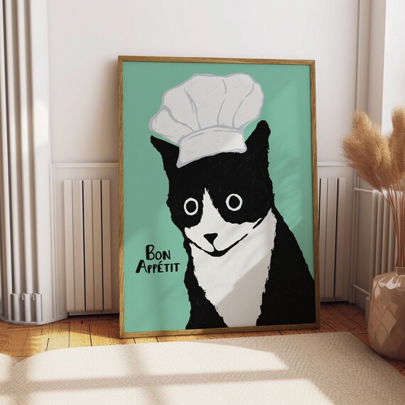 Bon Appetit Chef Cat Mint Green Funny Kitchen Decor Art Print