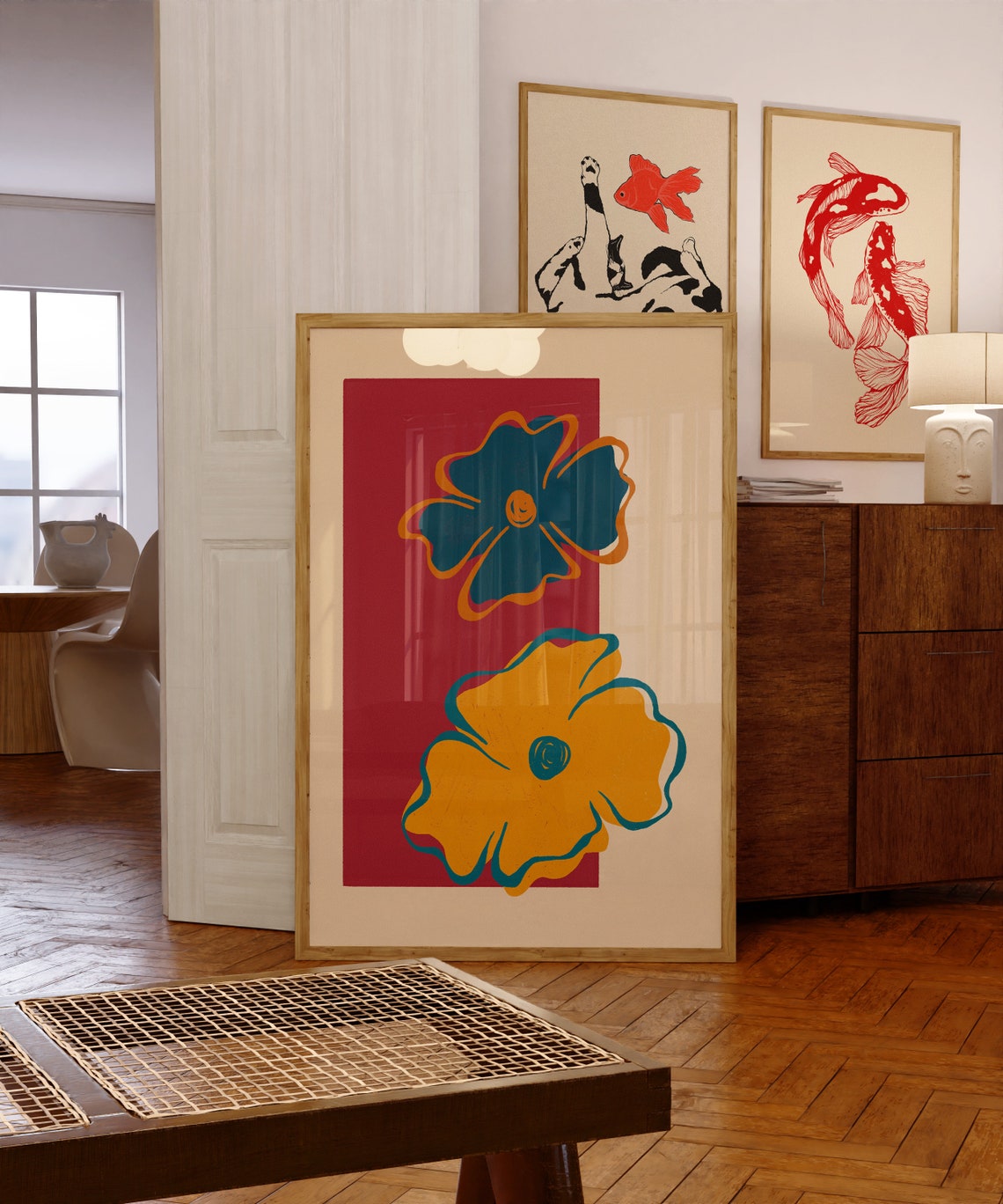 Abstract Floral Duo Teal Mustard Blooms Red Block Art Poster - Image 6