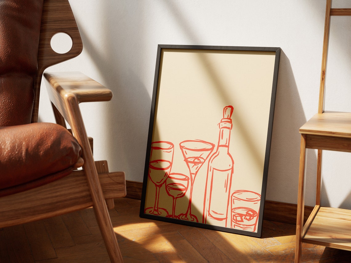 Red Line Art Cocktail Glasses Bottle Modern Bar Decor Poster - Image 4