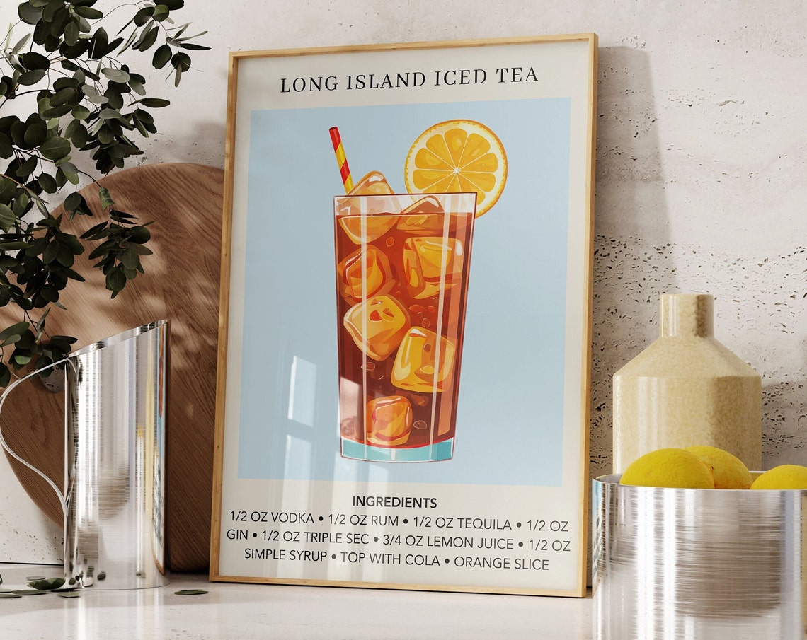 Long Island Iced Tea Art Print Cocktail Poster Mixology Gift Alcohol Sign Bar Watercolor Retro Drink Cart Decor
