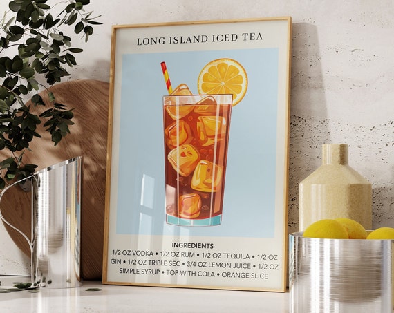 Long Island Iced Tea Art Print Cocktail Poster Mixology Gift Alcohol Sign Bar Watercolor Retro Drink Cart Decor