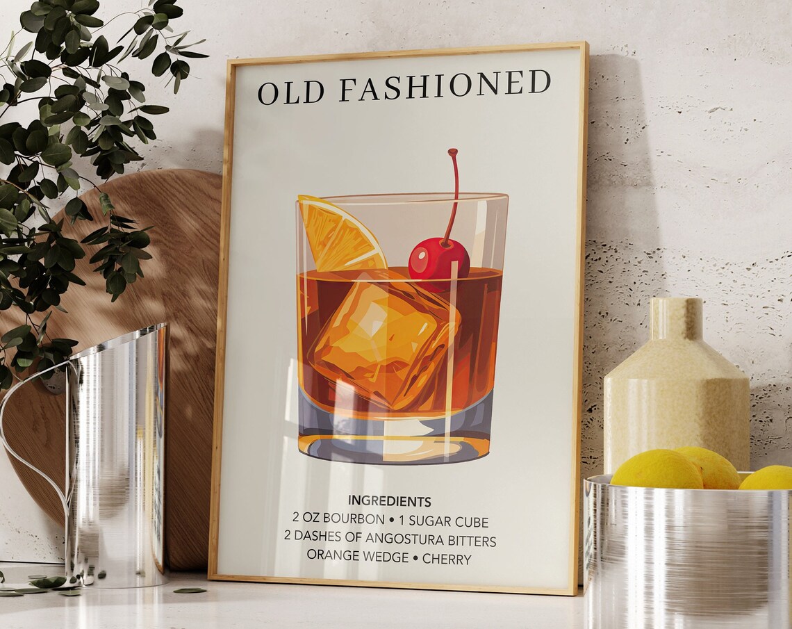 Old Fashioned Cocktail Sign, Minimalist Retro Art Print