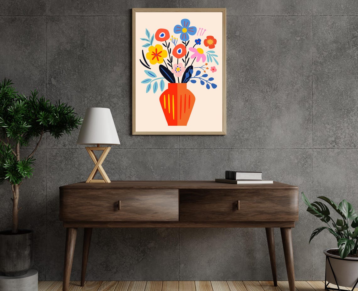 Cheerful Bold Flat Illustration Bouquet In Orange Vase Art Print - Image 4