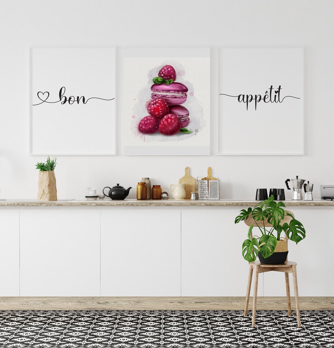 Bon Appetit Raspberry Macaron Watercolor 3 Piece Kitchen Wall Art