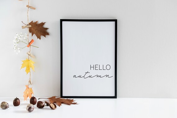 Hello Autumn Minimalist Black Script Fall Seasonal Quote Wall Art