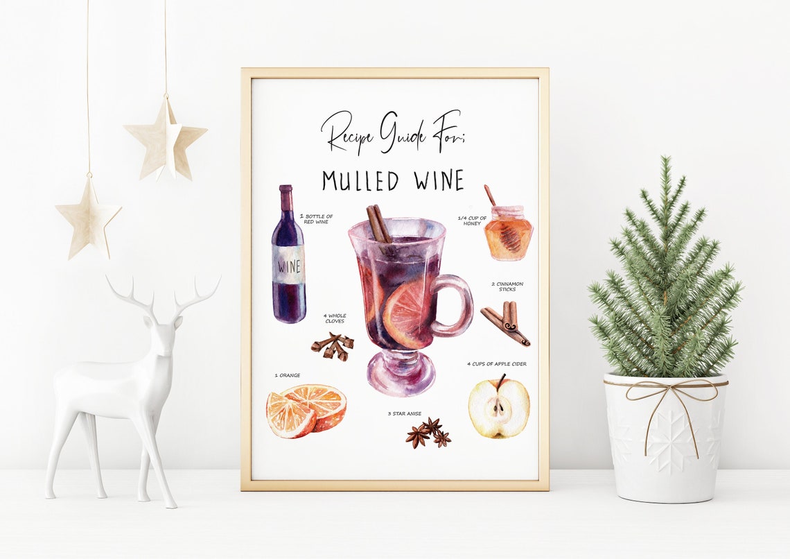 Mulled Wine Recipe Guide Watercolor Christmas Kitchen Wall Art