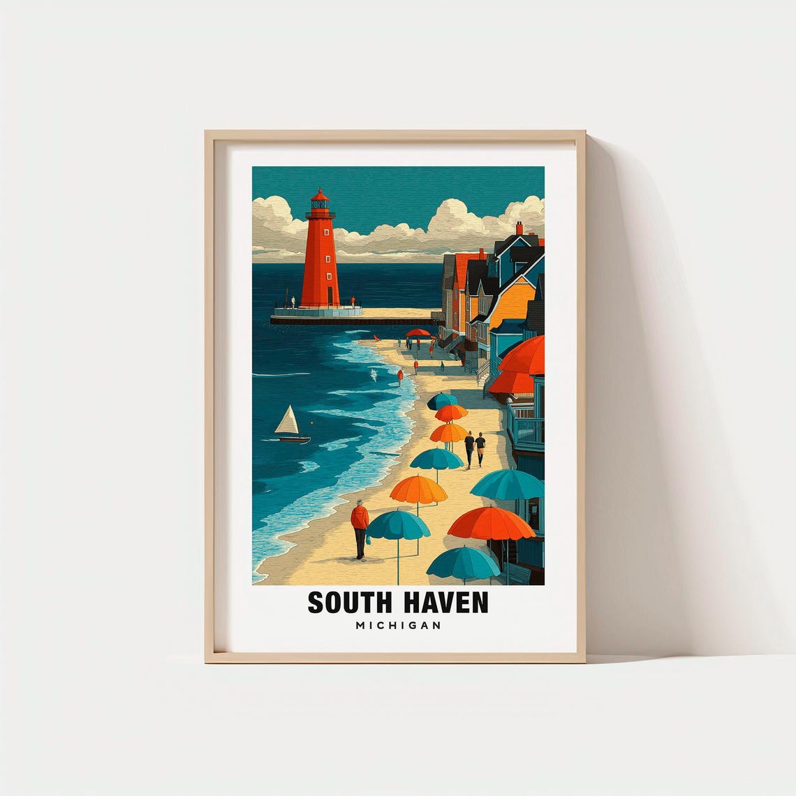 South Haven Michigan Red Lighthouse Beach Umbrellas Scene Poster
