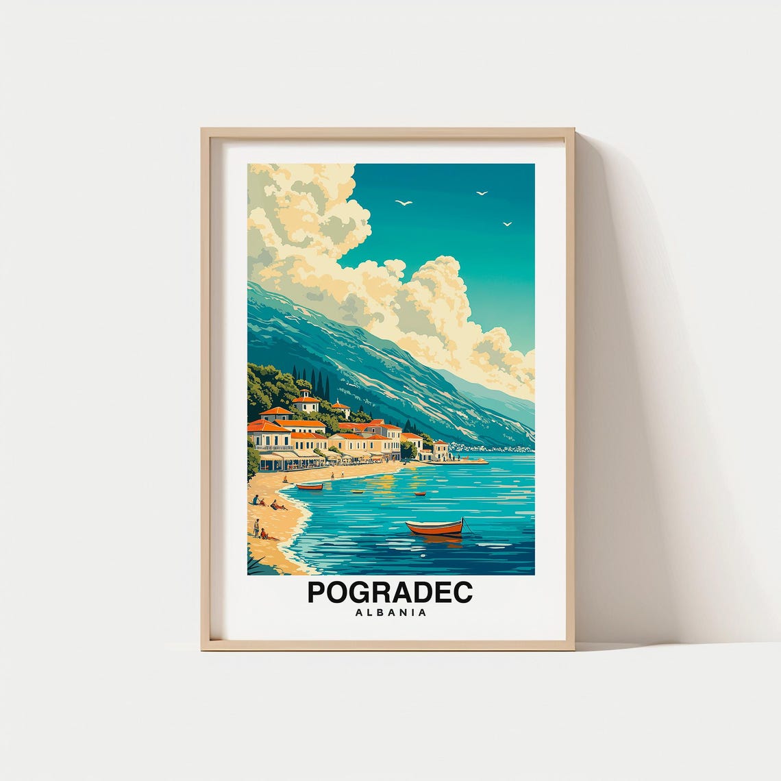Pogradec Print Travel Poster Albanian Art Lake Ohrid Scenic Views Historic Town Vibrant Culture Outdoor Adventure Balkan Charm