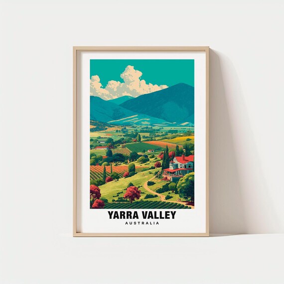 Yarra Valley Australia Vineyard Travel Poster with Rolling Hills View