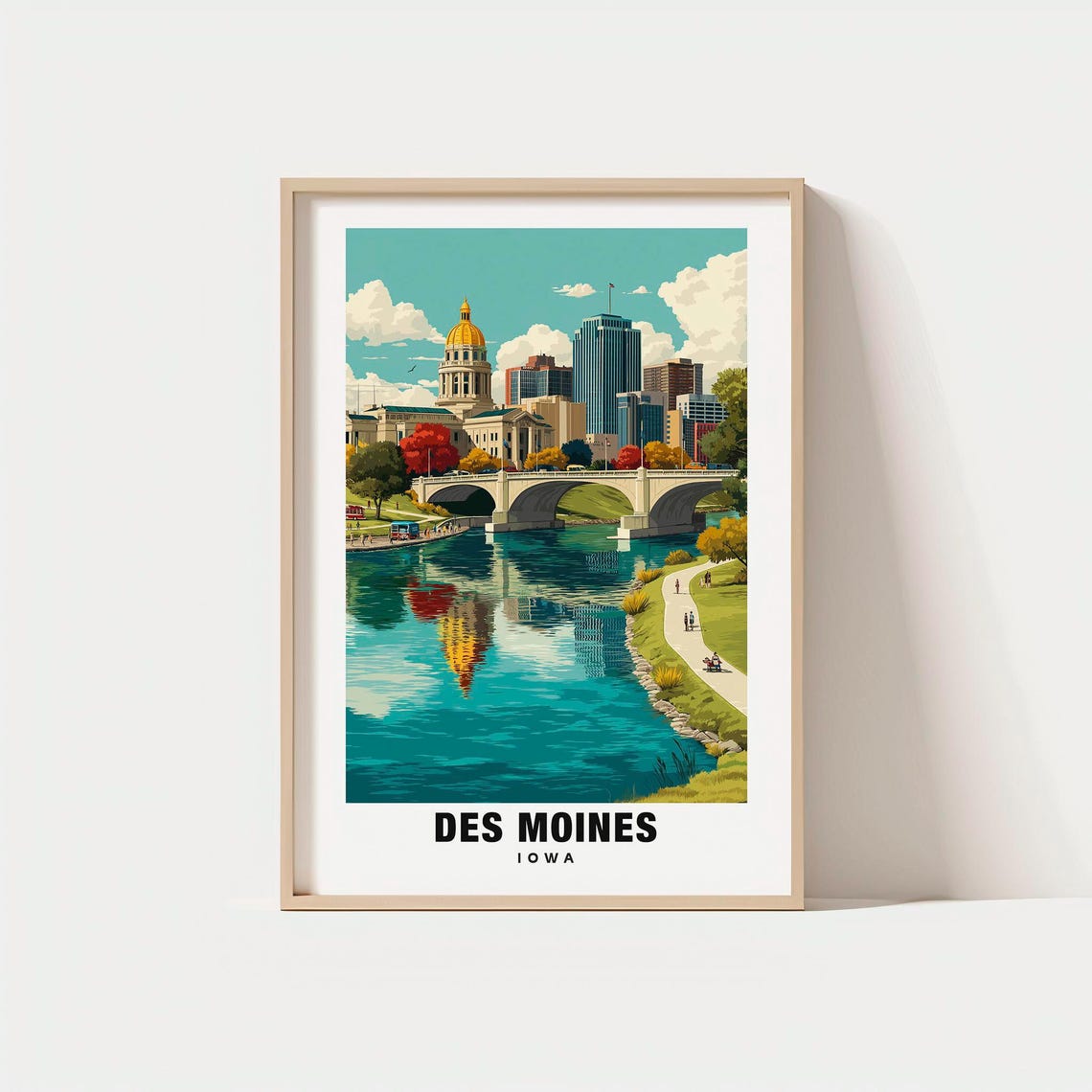Des Moines Iowa Capitol Dome River Bridge Downtown Skyline Poster