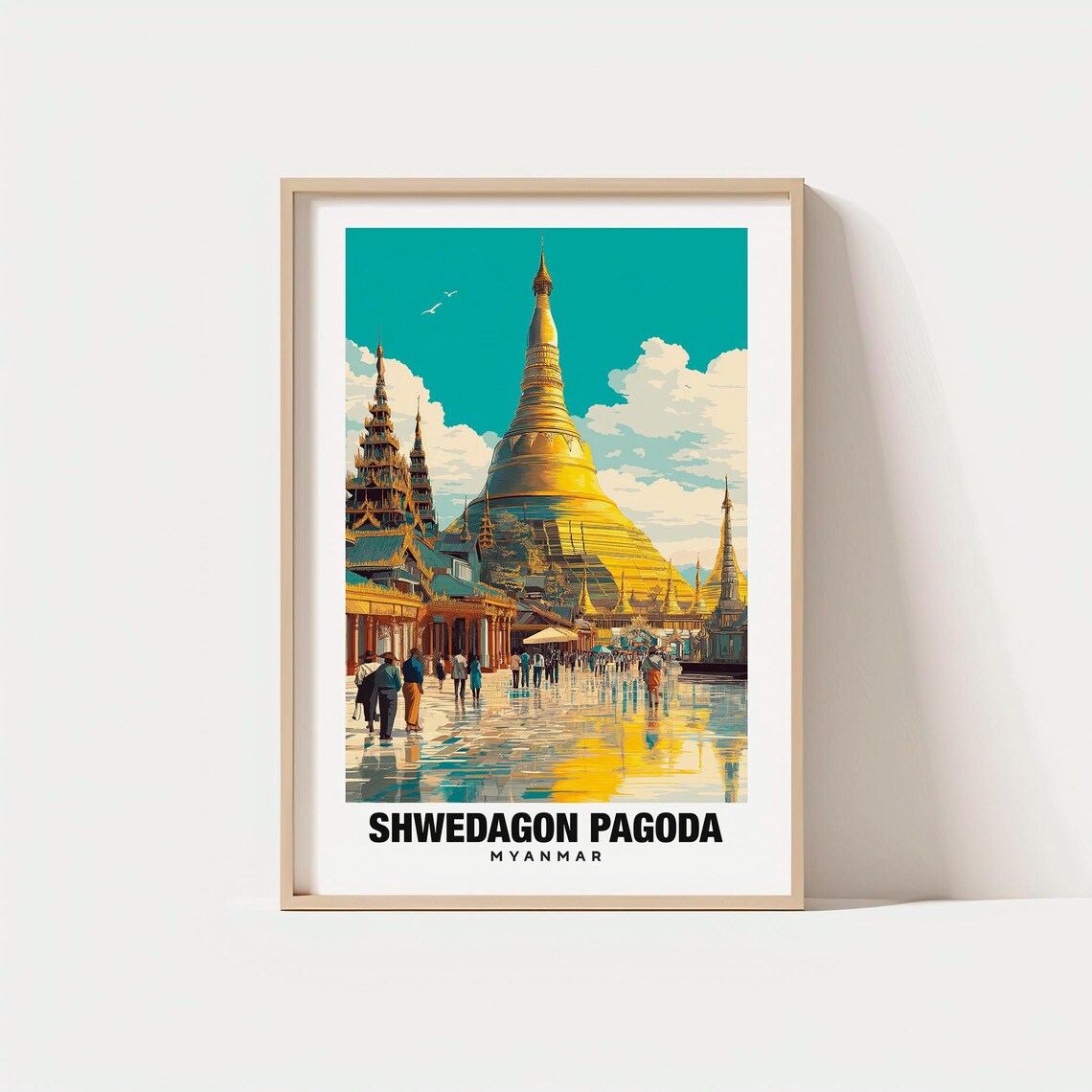 Shwedagon Pagoda Myanmar Golden Temple Vintage Travel Poster