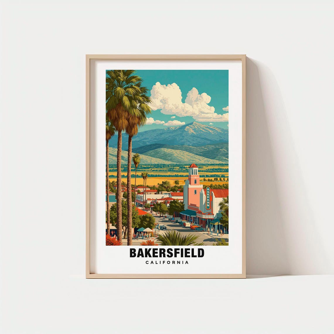 Bakersfield Print Usa Poster Travel Art Urban Scene Desert Views City Escape Scenic Landscape Country Charm
