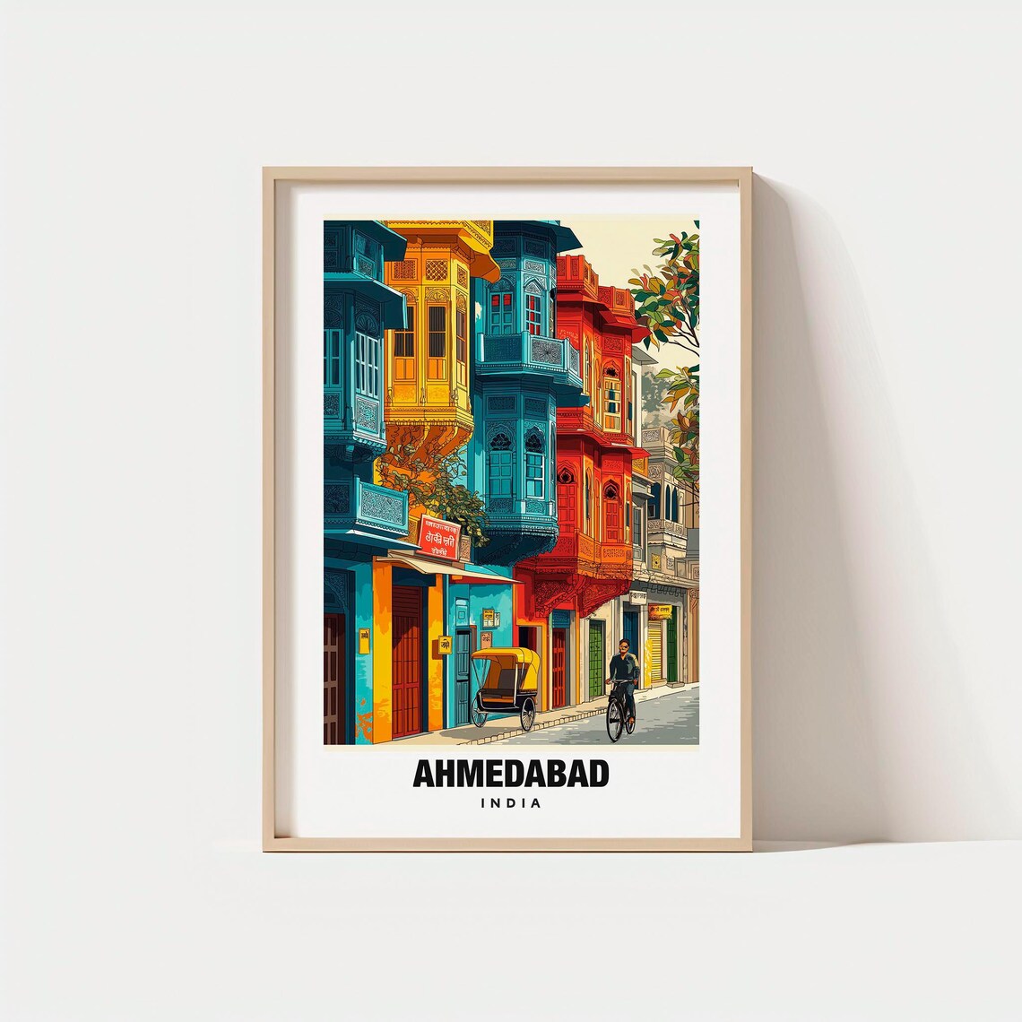 Ahmedabad India Colorful Haveli Facades Rickshaw Street Poster