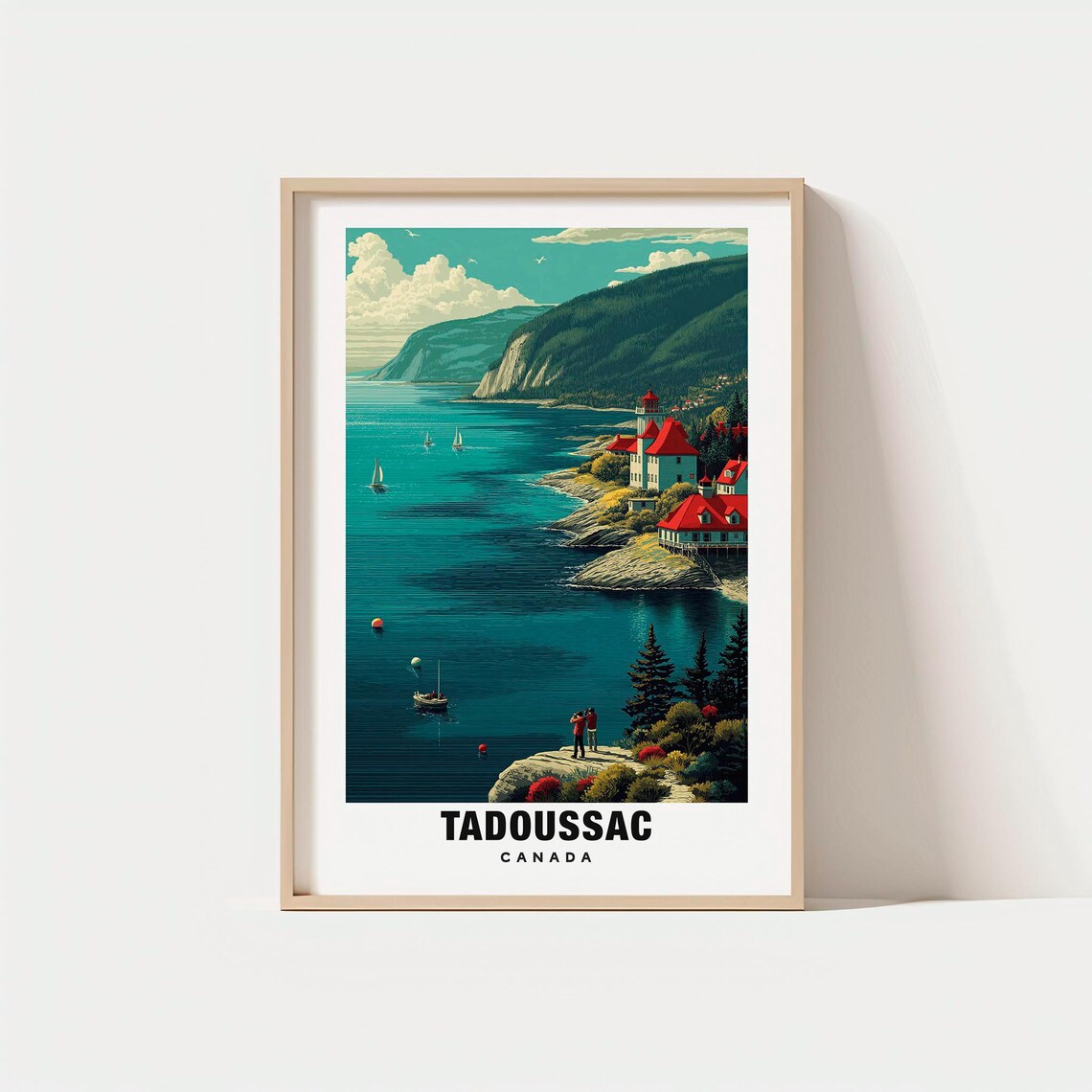Tadoussac Canada Coastal Cliffs Sailboats Red Roofed Village Poster