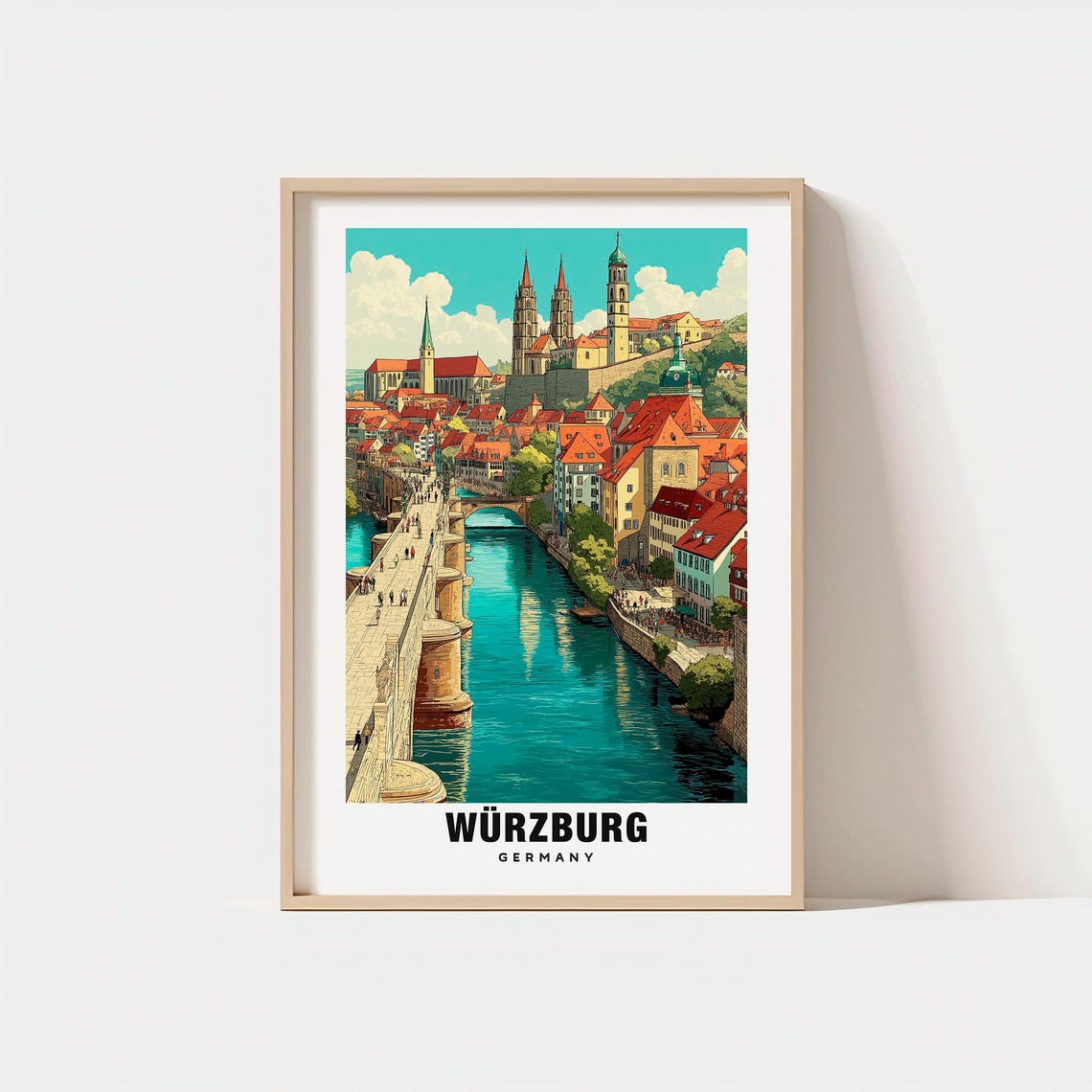 Wurzburg Germany Old Bridge River Fortress Retro Travel Poster