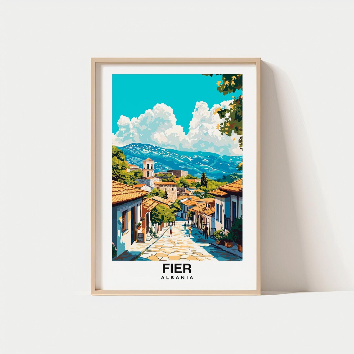 Fier Print Travel Poster Albanian Art Historic Sites Scenic Views Vibrant Culture Archaeological Landmarks Southern Albania
