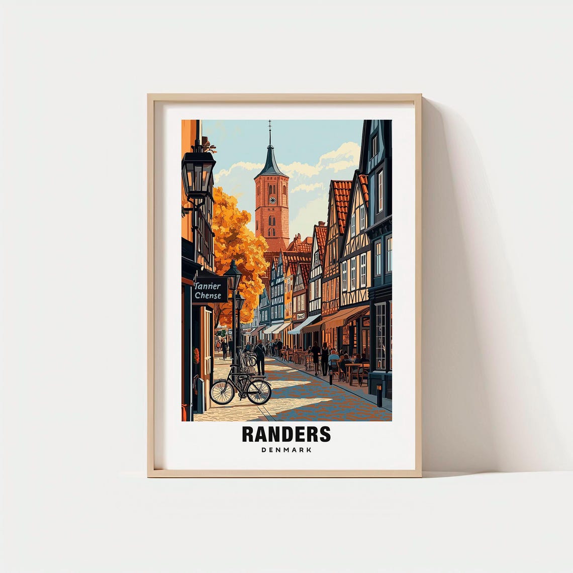 Randers Denmark Half Timbered Street Clock Tower Bikes Autumn Poster