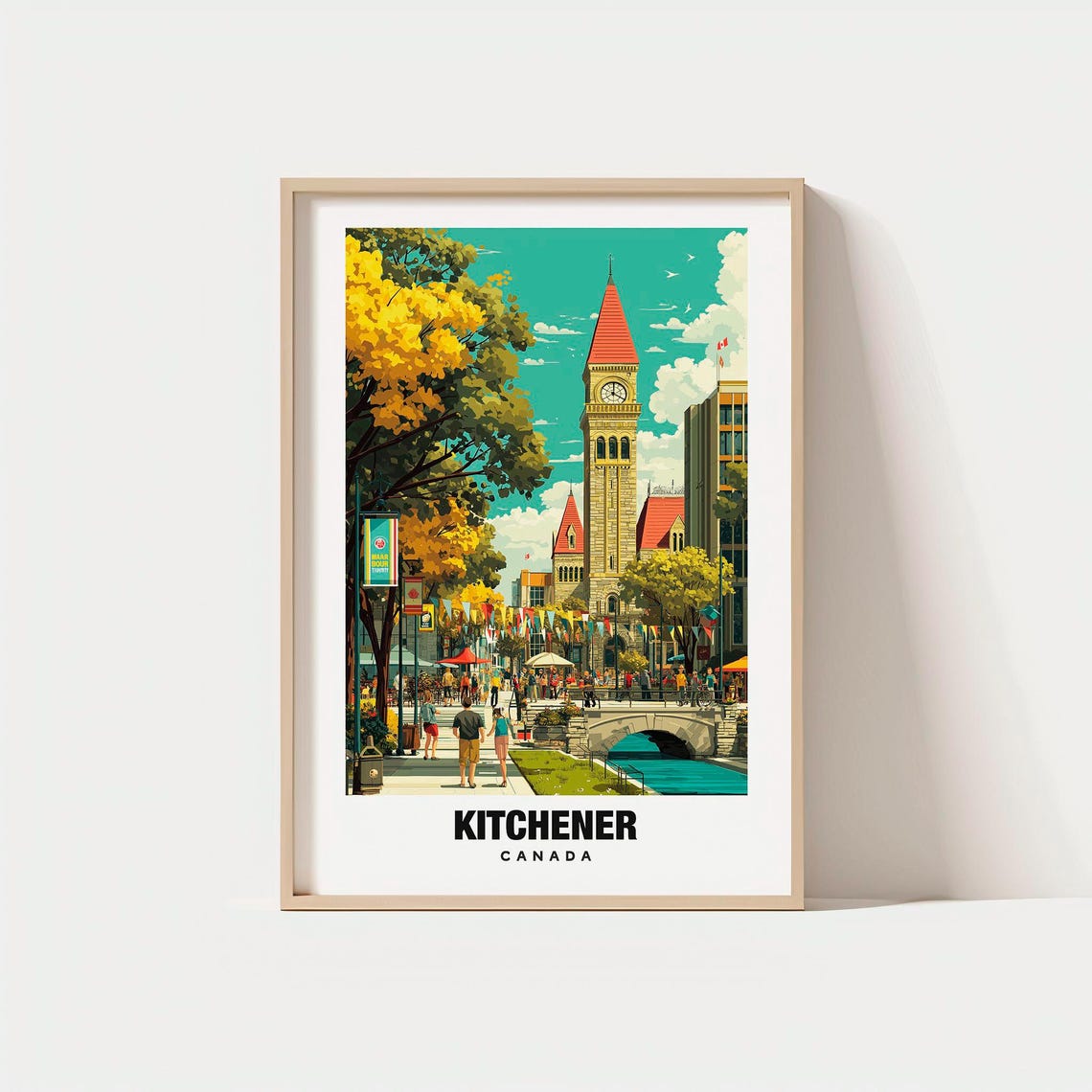 Kitchener Canada Clock Tower Summer Street Market Scene Poster