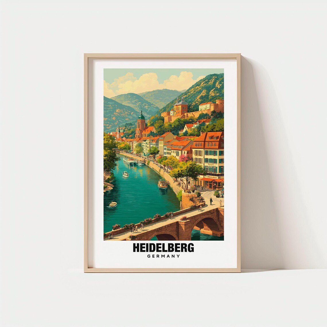 Heidelberg Germany Old Bridge Castle River Vintage Travel Poster