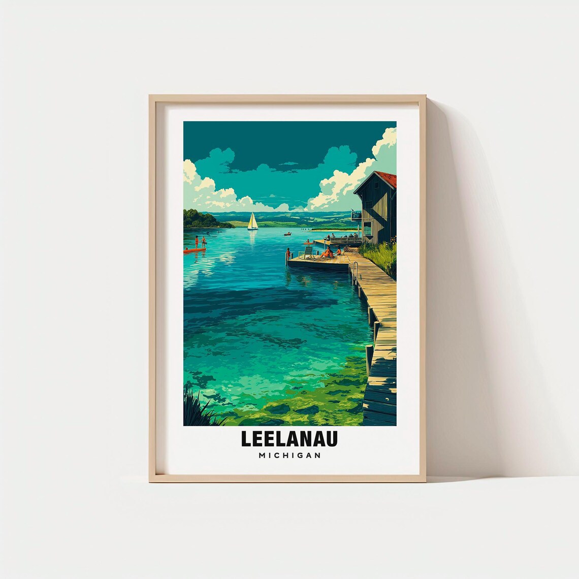 Leelanau Michigan Lake Dock Boathouse Sailboats Summer Escape Poster