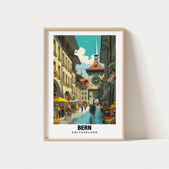 Bern Switzerland Zytglogge Clock Tower Old Town Retro Travel Poster