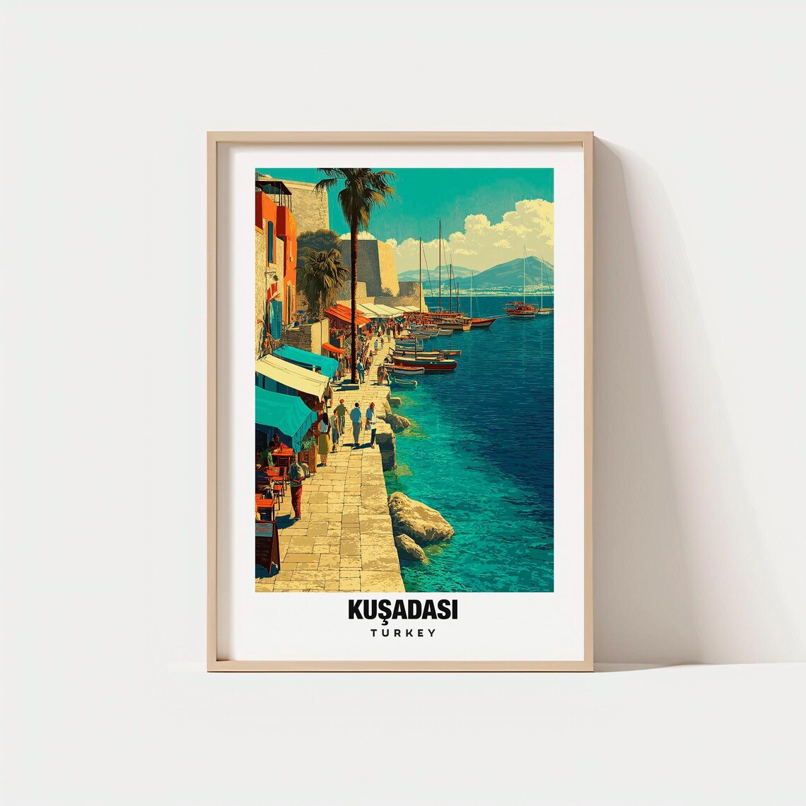 Kusadasi Turkey Harbor Sailboats Seaside Old Town Street Travel Poster