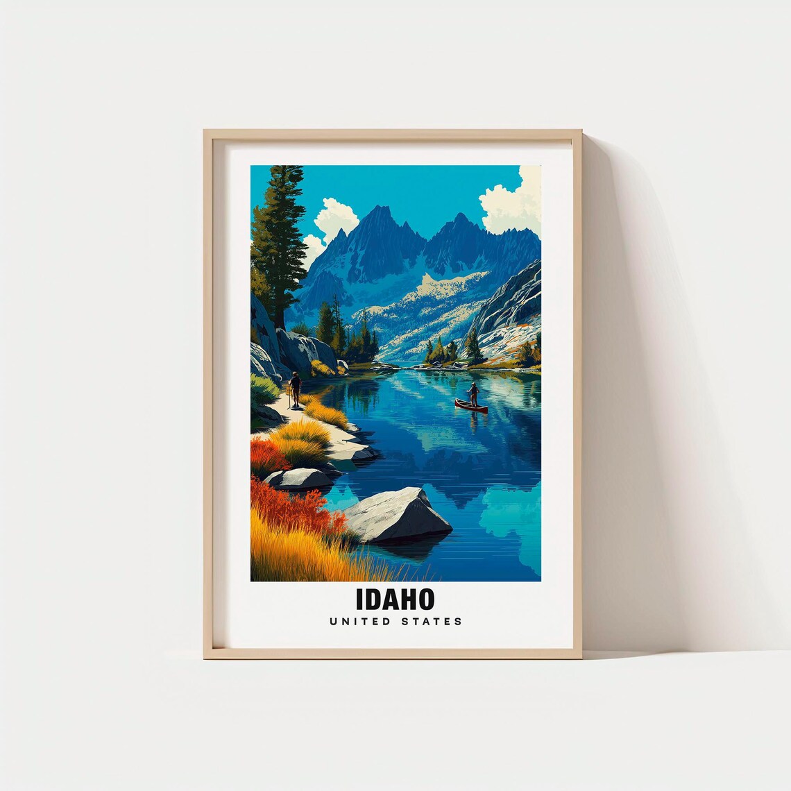 Idaho Mountain Lake Canoeist Peaks United States Travel Poster