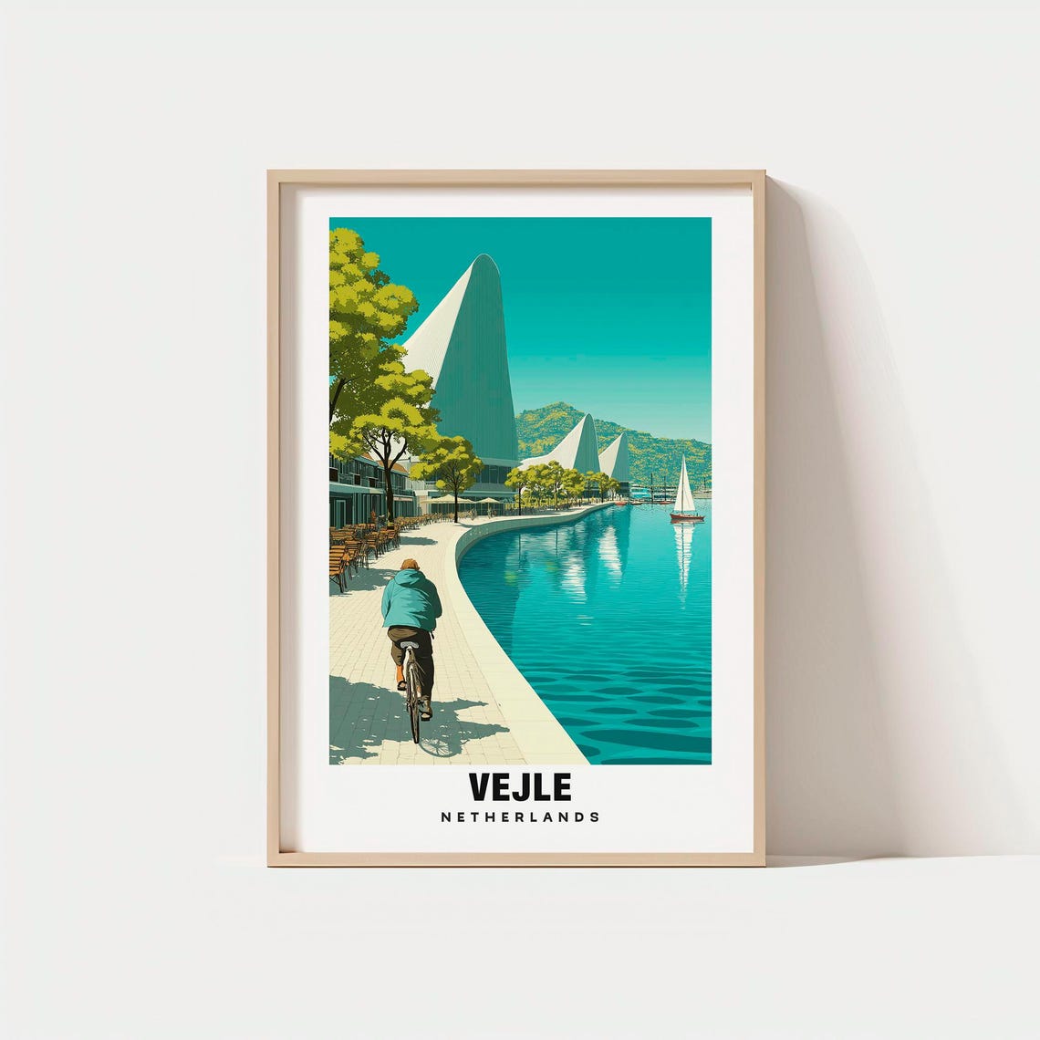 Vejle Netherlands Harbor Cyclist Sailboat Waterfront Art Poster
