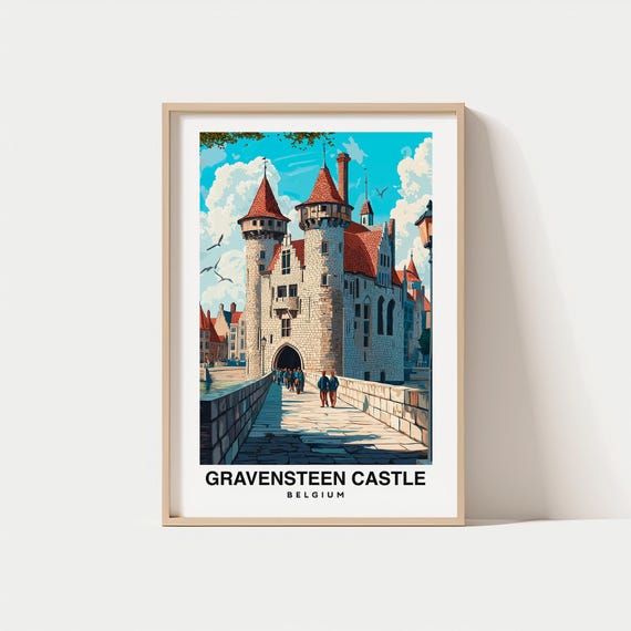 Gravensteen Castle Print Travel Poster Belgian Art Medieval Fortress Historic Landmark Scenic Views Ghent Architecture Cultural Art